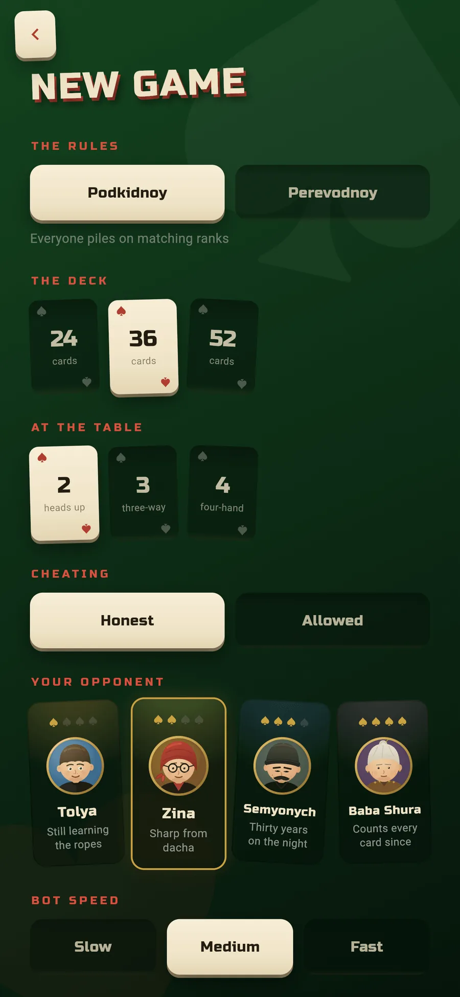 New game screen: podkidnoy or perevodnoy, 24, 36 or 52 cards, 2 to 4 seats, cheating honest or allowed, and the four rivals