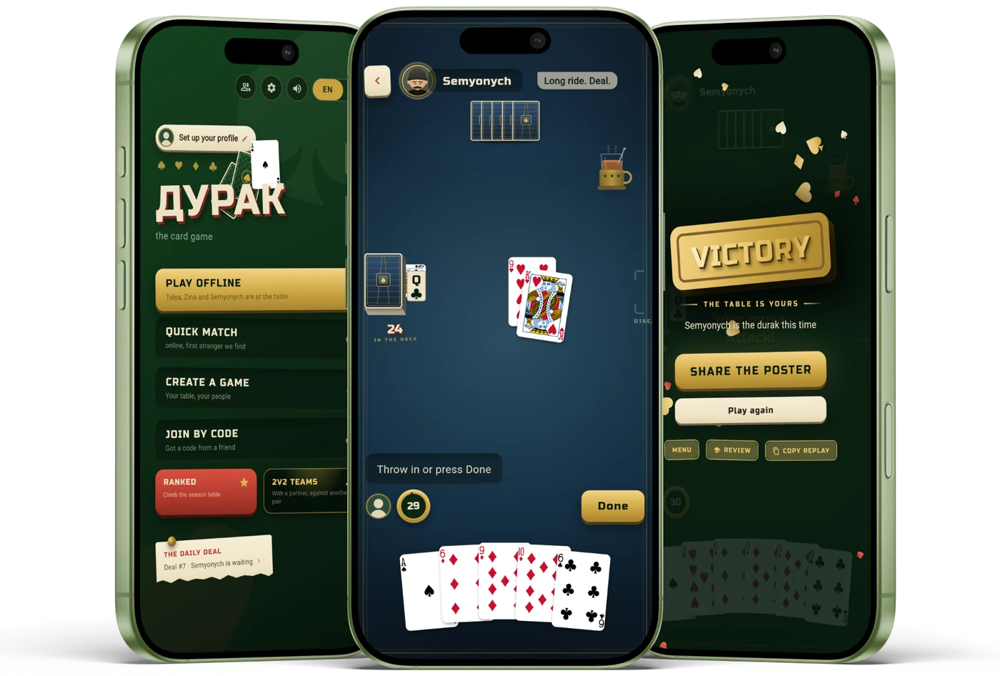 Three phones with Durak open: the ДУРАК home menu, a live table mid-defence against Semyonych, and the gold VICTORY stamp over a finished game